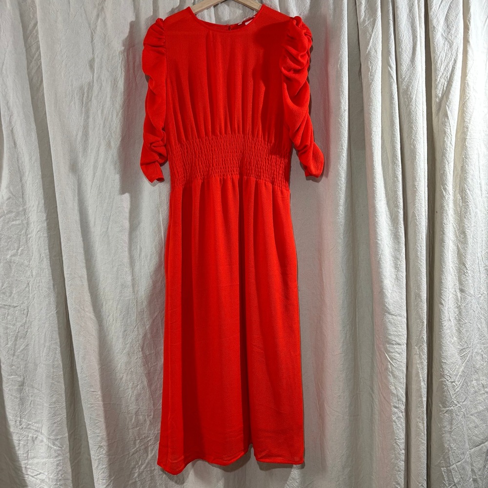 H&M Red Smocked Waist Puff Sleeve Midi Dress Red Size 6 Pockets Crepe Semi-Sheer